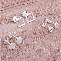 Sterling silver stud earrings, 'Together At Last' (set of 3) - Hand Crafted Sterling Silver Stud Earrings (Set of 3)