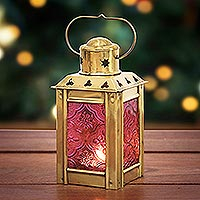 Glass and brass tealight holder, 'Lantern in Red' - Red Pressed Glass and Brass Tealight Holder