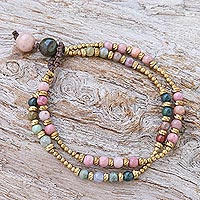 Agate beaded bracelet, 'Carnival in Pink' - Handmade Agate and Brass Beaded Bracelet