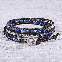 Lapis lazuli wrap bracelet, 'Planet Pluto' - Karen Silver and Lapis Lazuli Leather Wrap Bracelet