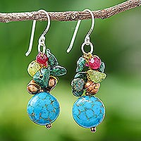 Multi-gemstone dangle earrings, 'Deep Dream' - Peridot and Cultured Pearl Cluster Earrings
