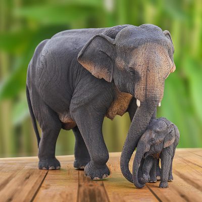 Teak wood sculpture, 'Love Forever' - Hand Painted Teak Wood Elephant Sculpture