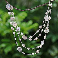 Cultured pearl beaded necklace, 'Glowing Coins in Peach' - Cultured Freshwater Pearl and Glass Beaded Necklace