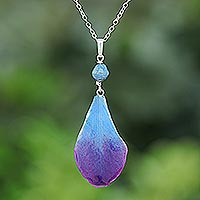 Orchid petal pendant necklace, 'Bloom Basket in Blue' - Blue and Purple Orchid Petal Pendant Necklace