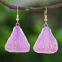 Gold-plated natural orchid petal dangle earrings, 'Summer Treat in Lavender' - Gold-Plated Purple Orchid Petal Dangle Earrings