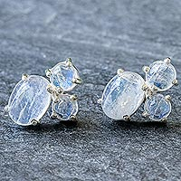 Rainbow moonstone button earrings, 'Fancy Clouds in Oval' - Rainbow Moonstone and Sterling Silver Button Earrings