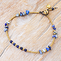Lapis lazuli beaded anklet, 'Night Walk in Blue' - Lapis Lazuli and Brass Bell Beaded Anklet