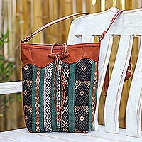 Leather-accented cotton blend sling bag, 'Joyful Journey in Green' - Thai Cotton Blend Sling Bag with Leather Strap