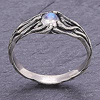 Rainbow moonstone single stone ring, 'Moonstone Branch' - Sterling Silver and Rainbow Moonstone Single Stone Ring