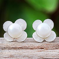 Cultured pearl button earrings, 'Pearl Oasis' - Cultured Pearl and Sterling Silver Floral-Motif Earrings