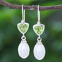 Cultured pearl and peridot dangle earrings, 'Spring Green Sea' - Cultured Pearl and Peridot Dangle Earrings