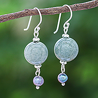 Multi-gemstone dangle earrings, 'Cool Magic' - Thai Jade and Cultured Pearl Dangle Earrings