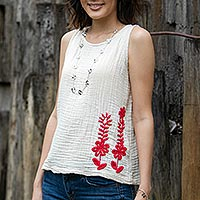 Hand-embroidered sleeveless cotton blouse, 'Flirty Flowers' - Hand-Embroidered Sleeveless Cotton Blouse