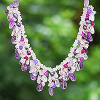 Multi-gemstone pendant necklace, 'Girl's Life' - Rose Quartz and Cultured Pearl Pendant Necklace