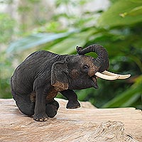 Teak wood sculpture, 'Joy in Me' - Hand Carved Teak Wood Elephant Sculpture