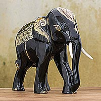 Gold-accented wood sculpture, 'Elephant Treasure' - Hand-Painted Lacquerware Elephant Sculpture
