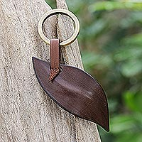Leather keychain, 'Leaf Peeping in Brown' - Brown Leather and Brass Keychain from Thailand
