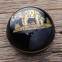 Gold-accented lacquerware wood box, 'Precious Elephant' - Thai Lacquerware Box with Gold Accent