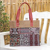 Leather-accented cotton blend tote bag, 'Chill Night in Red' - Leather-Accented Cotton Blend Tote Bag
