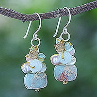 Multi-gemstone beaded earrings, 'Ethereal Treasures' - Jasper Cultured Pearl and Quartz Beaded and Hooked Earrings