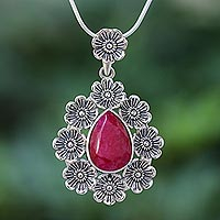 Sillimanite pendant necklace, 'Crowned Beauty in Pink' - Handmade Sterling Silver Pendant Necklace with Floral Motif