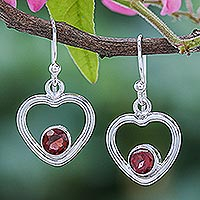 Garnet dangle earrings, 'Earnest Offer in Red' - Thai Garnet Dangle Earrings with Heart Motif