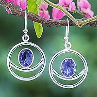 Iolite dangle earrings, 'Grinning Moon in Blue' - Handmade Iolite and Sterling Silver Dangle Earrings