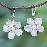 Cultured keshi pearl dangle earrings, 'Fair Flower' - Artisan Crafted Cultured Pearl Earrings
