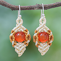 Chalcedony macrame dangle earrings, 'Heartfelt Wish' - Orange Chalcedony Macrame Earrings