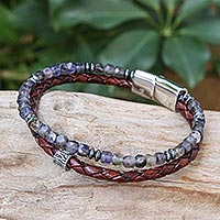 Beaded iolite and leather bracelet, 'Chiang Mai Twilight' - Iolite and Hematite Bracelet with Leather