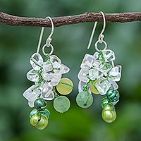 Multi-gemstone dangle earrings, 'Eye Candy in Green' - Green Cultured Pearl and Rainbow Moonstone Dangle Earrings