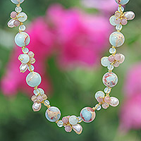 Multi-gemstone pendant necklace, 'Pastel Mood' - Handmade Rose Quartz and Cultured Pearl Pendant Necklace