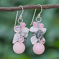 Multi-gemstone dangle earrings, 'Frozen Flowers' - Handcrafted Rose Quartz and Glass Bead Dangle Earrings