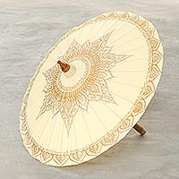 Cotton parasol, 'Motifs on Cream' - Hand-Painted Cotton and Bamboo Cream Parasol from Thailand