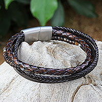 Leather hematite and bronzite cord bracelet, 'Coffee Shop' - Leather Hematite and Bronzite Cord Bracelet from Thailand