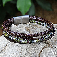 Leather hematite and jasper bracelet, 'Morning Coffee' - Braided Leather Hematite and Jasper Cord Bracelet