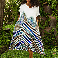 Hand-painted batik cotton a-line dress, 'Windy Blue' - Artisan Crafted Batik Cotton A-Line Dress