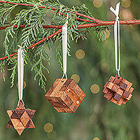 Wood puzzle ornaments, 'Christmas Challenge' (set of 3) - Three Thai Miniature Wood Puzzle Game Ornaments