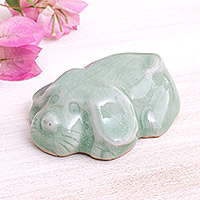 Celadon ceramic figurine, 'Scolded Pup' - Green Celadon Ceramic Figurine
