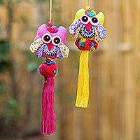 Cotton-blend ornaments, 'Festive Owl in Pink-Yellow' (pair) - Hand Crafted Cotton-Blend Owl Ornaments (Pair)