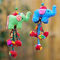 Cotton-blend ornaments, 'Holiday Pachyderms' (pair) - Colorful Elephant Christmas Ornaments (Pair)