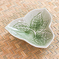 Ceramic candy dish, 'Triangle Leaf' - Handcrafted Celadon Candy Dish