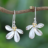 Gold-accented dangle earrings, 'Gold Enchanted Leaves' - Sterling Silver Leaf Dangle Earrings with 18k Gold Accents
