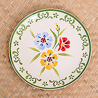 Ceramic luncheon plate, 'Primrose Path in Green' - Floral Ceramic Plate from Thailand