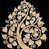 'Shimmering Golden Bodhi' - Thai Folk Art Bodhi Tree Painting with Golden Foil