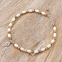 Howlite and jasper beaded anklet, 'Triangular Bloom in White' - White Howlite and Jasper Beaded Anklet with Silver Charm