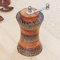Wood pepper mill, 'Curved Pepper' - Handcrafted Natural Brown Palm and Teak Wood Pepper Mill