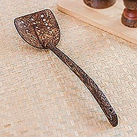 Coconut shell and wood slotted spatula, 'Cooking Dots' - Handcrafted Coconut Shell and Wood Slotted Spatula with Dots
