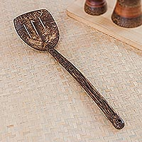 Coconut shell and wood slotted spatula, 'Cooking Lines' - Handmade Coconut Shell and Wood Slotted Spatula with Lines