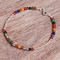 Chalcedony beaded charm bracelet, 'Round Rainbow' - Multicolored Chalcedony and Silver Beaded Charm Bracelet